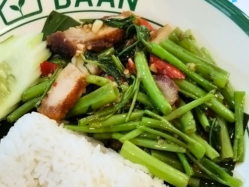 ข้าวผักบุ้งหมูกรอบ